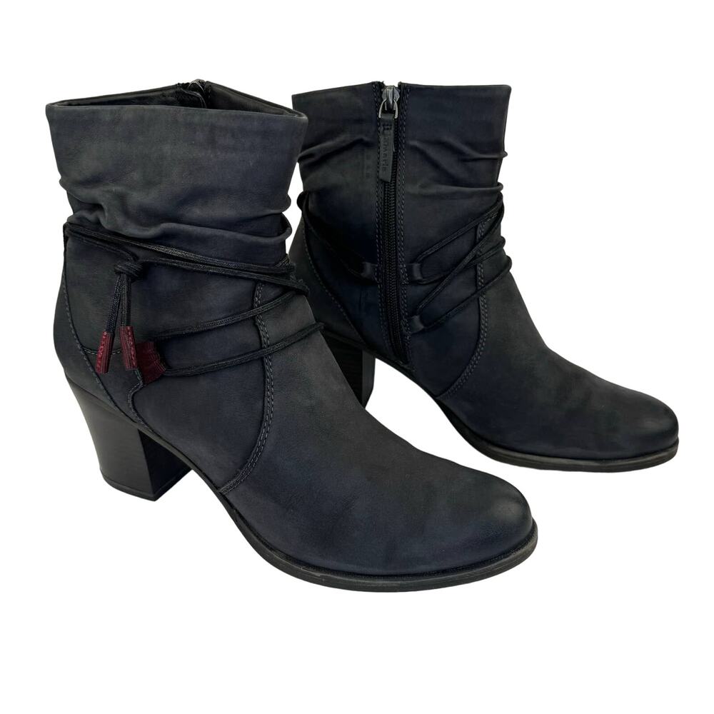 TAMARIS | Gray Leather Tassel Detail Mid Calf Chunky‎ Heel Boots | Women's 42